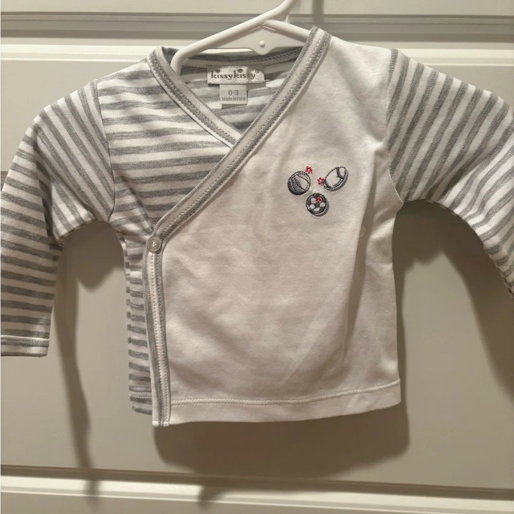 Kissy Kissy Gray & White Striped Set w/ Sports Embroidery Size 0-3